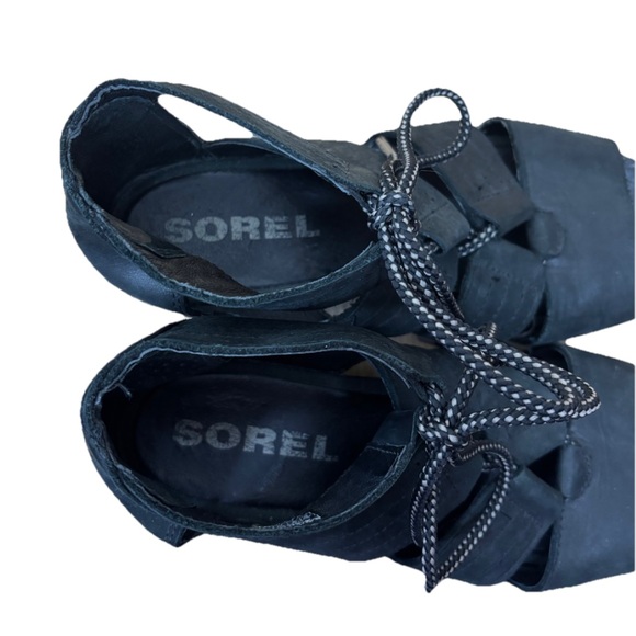 Sorel Joanie II Lace-Up Black Leather Wedge Sandals Womens Sz 10 Nubuck Leather - Picture 4 of 8